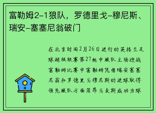 富勒姆2-1狼队，罗德里戈-穆尼斯、瑞安-塞塞尼翁破门
