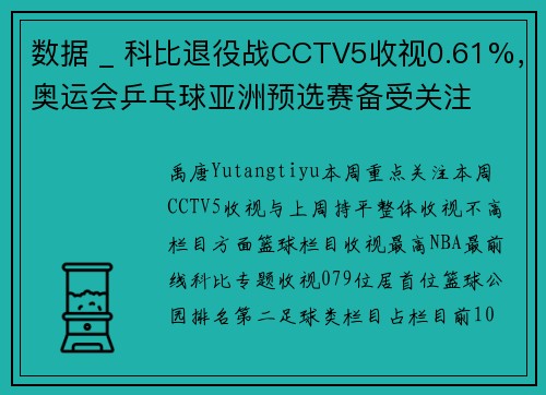 数据 _ 科比退役战CCTV5收视0.61%，奥运会乒乓球亚洲预选赛备受关注