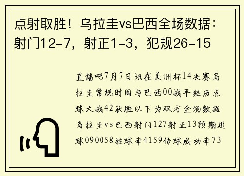 点射取胜！乌拉圭vs巴西全场数据：射门12-7，射正1-3，犯规26-15